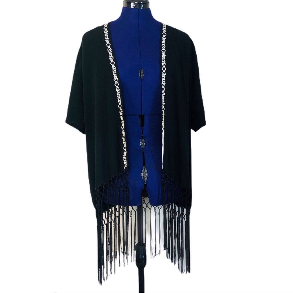 Black and White Embroidered Fringe Shawl Cardigan - Picture 2 of 13